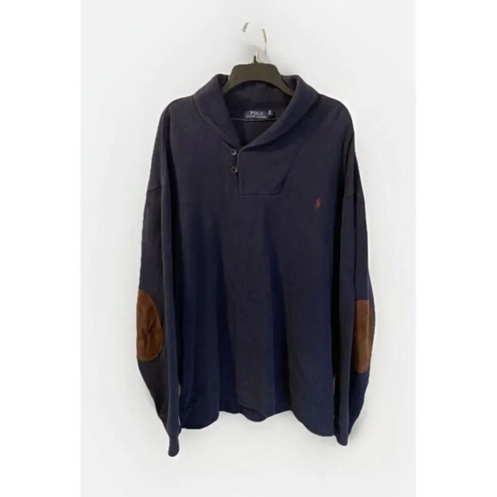 Polo Ralph Lauren Sweater 2XLT Navy Blue Suede Elbow Heavyweight Big &‎ Tall